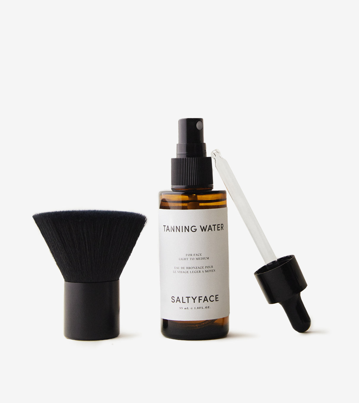 Saltyface Tanning Water with Mist Top, Dropper Applicator and Brush No. 1 Face Tanning Brush.
