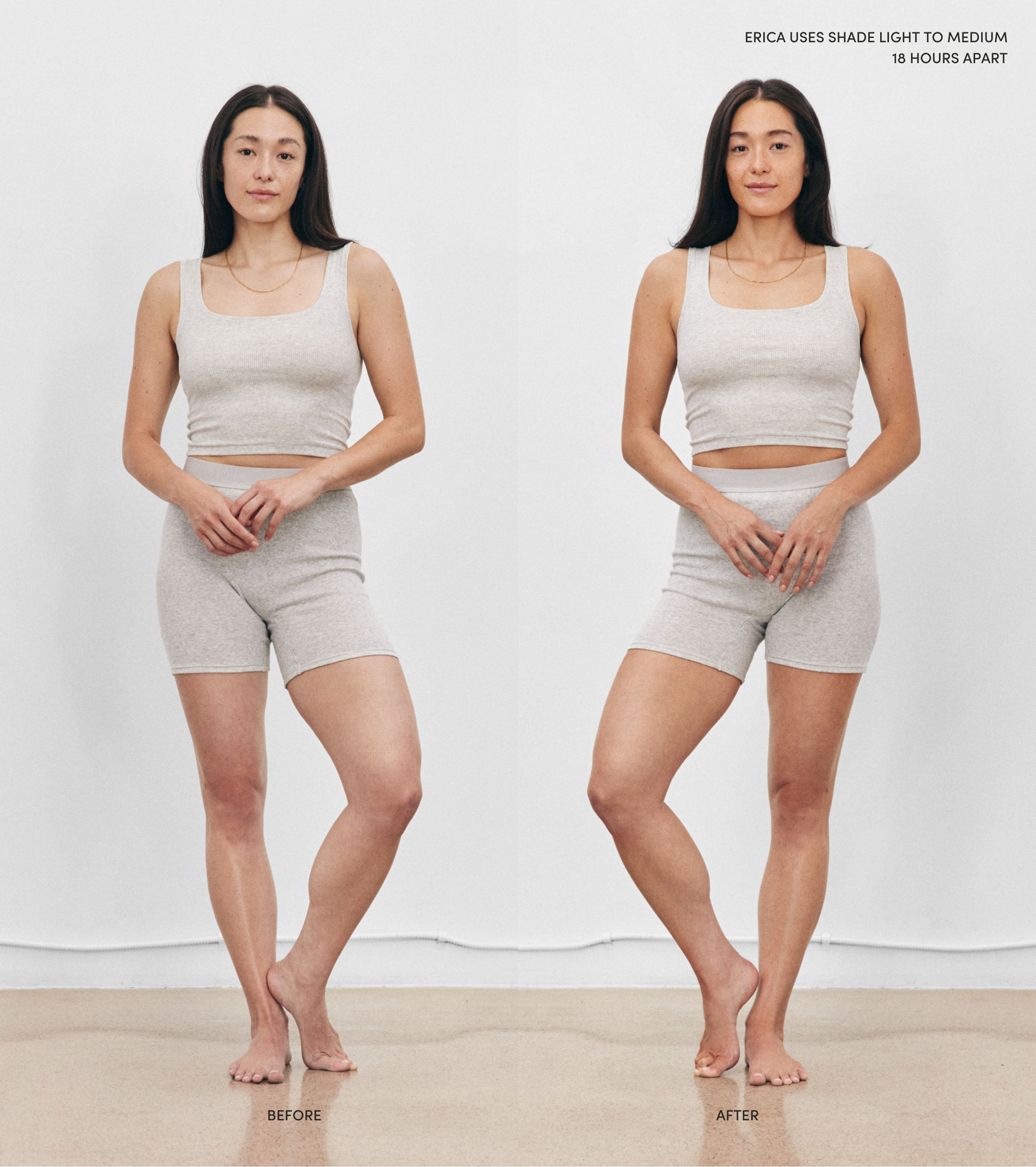 Side by side comparison of a model before using Saltyface Tanning Foam and Water and after 18 hours with a more tanned complexion.